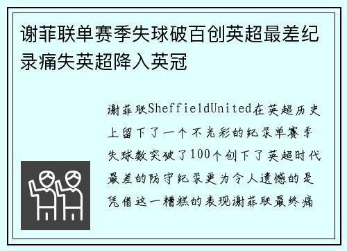 谢菲联单赛季失球破百创英超最差纪录痛失英超降入英冠